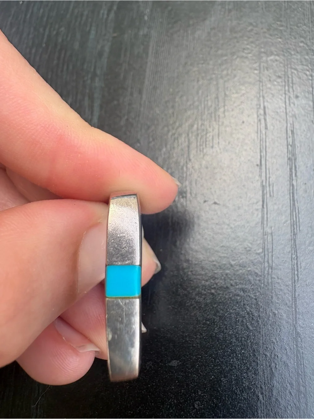 Square Mexico Silver Inlay Ring with Green and Turquoise Stones - Size 10.5